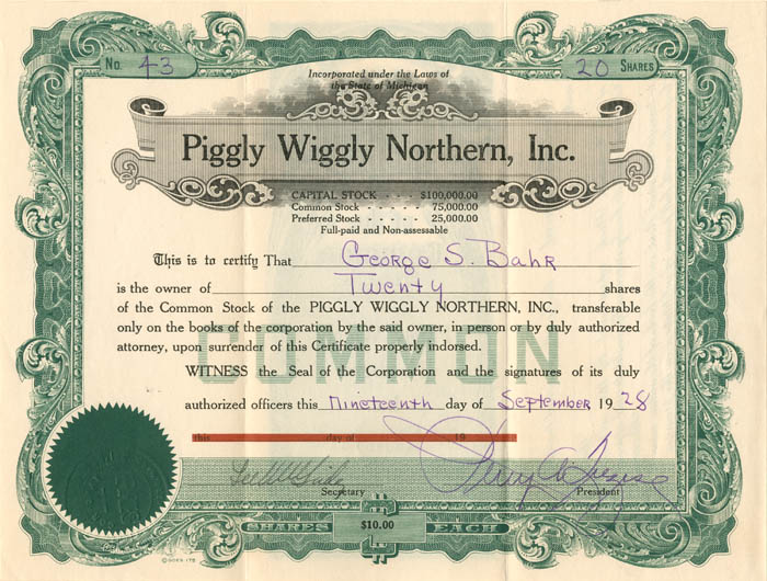 Piggly Wiggly Northern, Inc. - Stock Certificate
